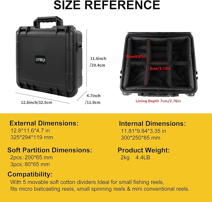 Fishing Reels Storage Case, Tackle Accessories Storage Handcase,5pcs Adjustable Magic Tape Dividers (6 Compartments), Fits Fishing Reels, Lures, Spare Fishing Line, Black, Medium,12.8*11.6*4.7 Inch