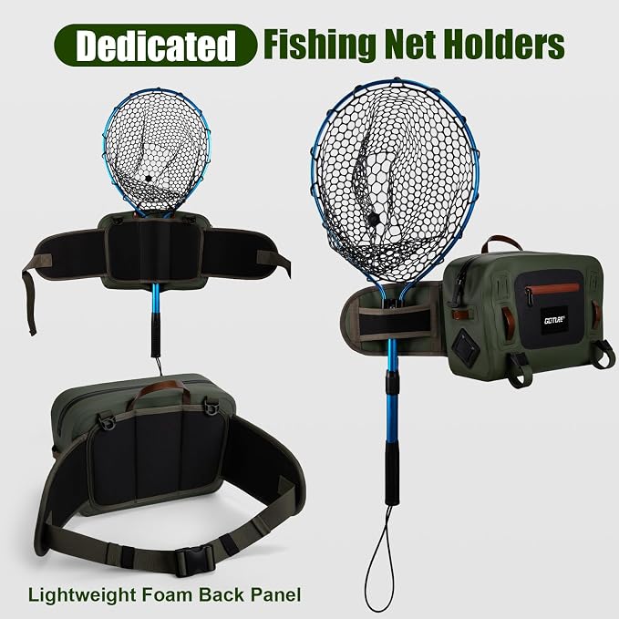 Goture Waterproof Fishing Waist Pack,IPX8 840D TPU Large Tackle Bags with Rod Holder,Airtight Zipper,Detachable Water Bottle Holder, 10L Fly Fishing Bag with Adjustable Strap, Wader Bag Included