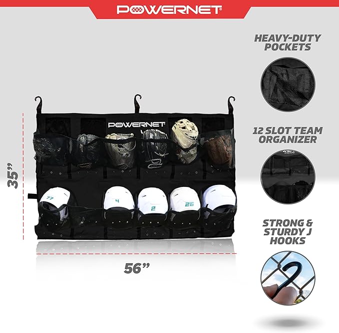 PowerNet Softball & Baseball Helmet Hanging Bag, 12 Pocket Baseball Glove & Helmet Storage Holder & Dugout Organizer, Portable Baseball Gear Training Equipment Holder, Team Colors