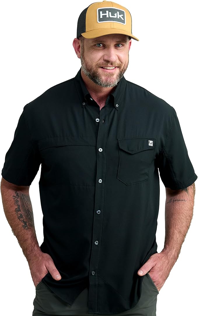 HUK Men's Tide Point Kc Scott Original Artwork Short Sleeve Shirt, Fishing Button Down