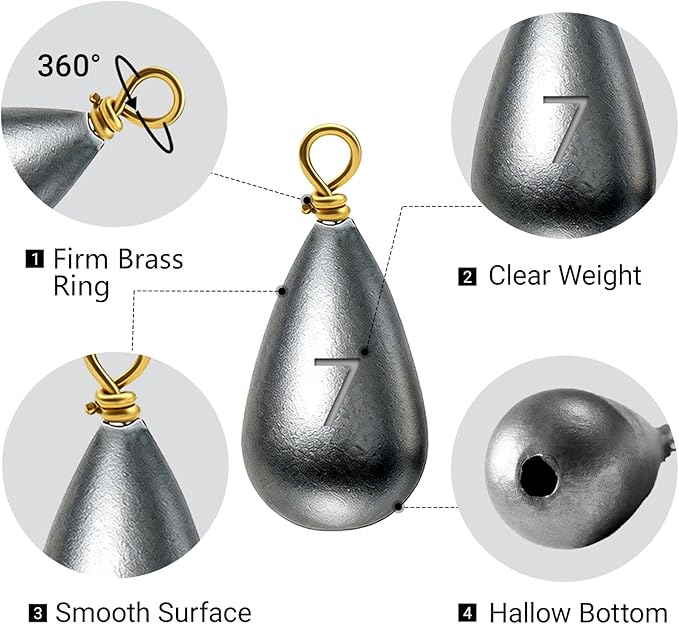Casting Sinker Weights Assortment, Teardrop Fishing Sinkers with Brass Swivel Loops, 1/8 oz to 3/4 oz, Drop Shot Weights for Bass Catfish, Freshwater Saltwater