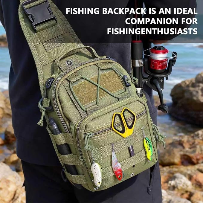Fishing Backpack Small Fishing Tackle Storage Bag with 3 Methods of Carrying Large Capacity Sling Backpack for Outdoor Hiking Travel Hunting (Army Green)