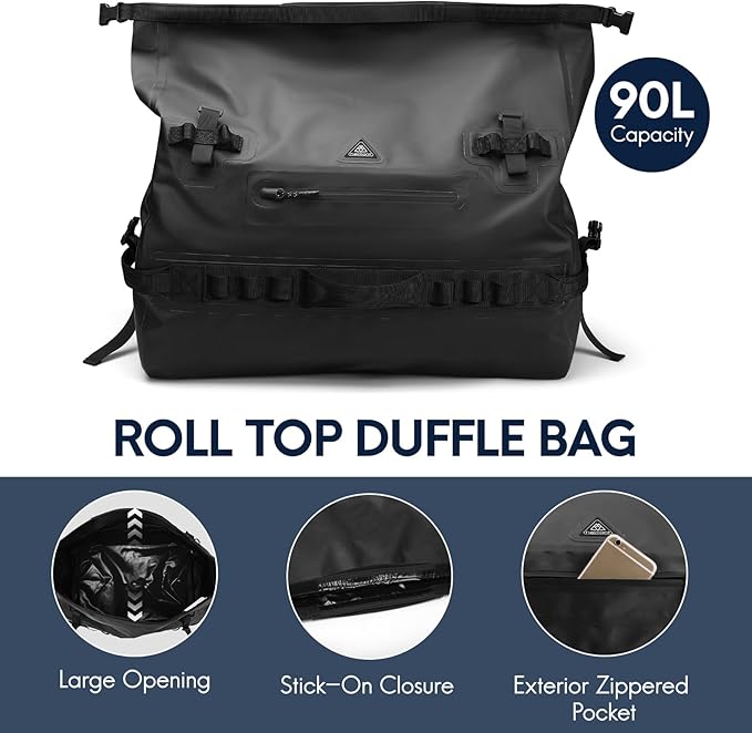 Haimont IPX7 Waterproof Roll-Top Dry Duffel Backpack | 60L/90L Sizes, 500D Tarpaulin, Welded Seams, Mesh Pockets, Boating & Kayaking
