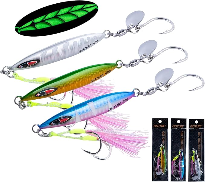 Goture Slow Pitch Jigs, Glow Flat Fall Jig Fishing Lure with Double Assist Hooks and Swivel, Fishing Jigs Saltwater 40g-250g Deep Sea Fishing Jigging Lures for Tuna,Dogtooth Tuna, Yellowtail,Kingfish