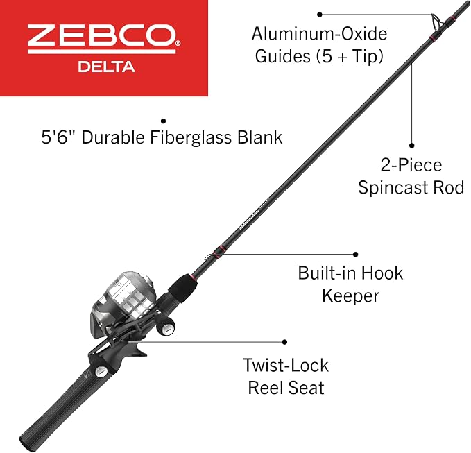 Zebco Delta Spincast Reel and Fishing Rod Combo, Instant Anti-Reverse Clutch, Changeable Right- or Left-Hand Retrieve, Pre-Spooled with Zebco Fishing Line