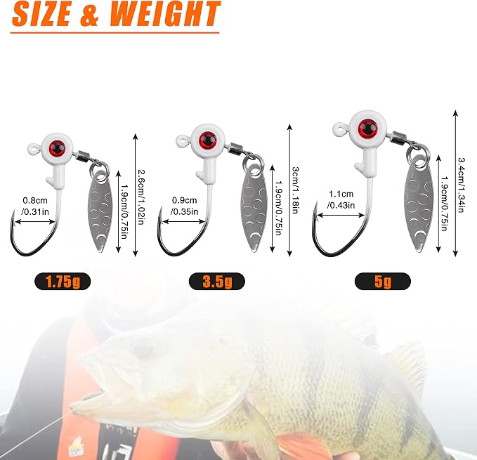 Crappie Jig Heads Fishing Lures Kit, 15pcs Underspin Jig Heads with Spinner Blade Crappie Lures Eye Ball Head Painted Fishing Jigs for Bass, Trout, Panfish, Sunfish