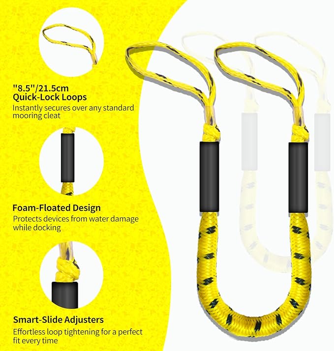 2-Pack Bungee Dock Lines for Boats with Loops, Boat Tie Downs for Docking, Adjustable Boat Mooring Rope for Pontoon, Jon Boat & PWC (Yellow & Black, 4 FT)