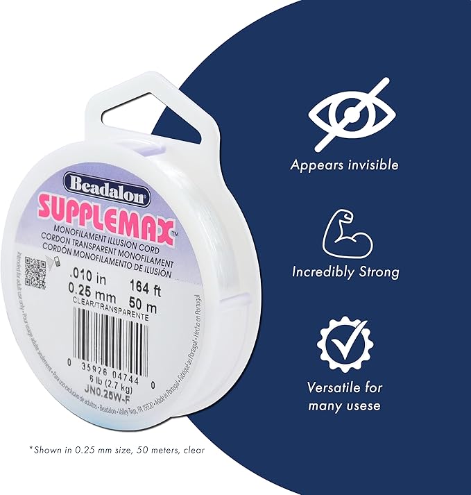 Beadalon SuppleMax Braid Illusion Beading Cord, 0.50 mm / 0.020 in, Clear Braided Monofilament, 25 m / 82 ft