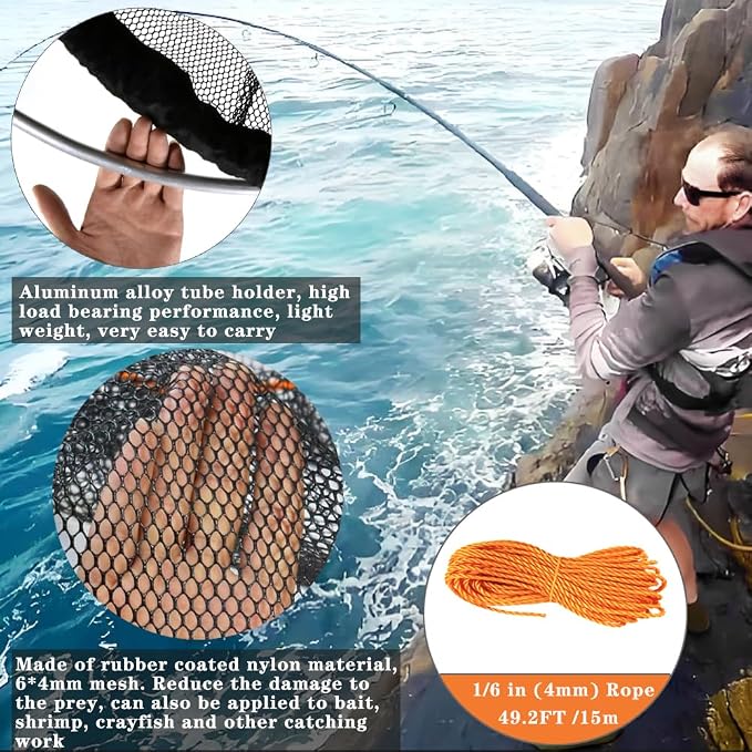 Drasry Foldable Bridge and Pier Fishing Landing Net - High Load-Bearing Aluminum Ring Drop Net for Saltwater Freshwater - Collapsible Basket With 49.2 FT Rope