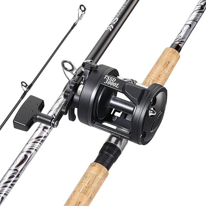 Sougayilang Fiberglass Fishing Pole Conventional Reel Combo with Durable P-Cork Rod Handle, Medium Heavy for Catfish Salmon and Steelhead