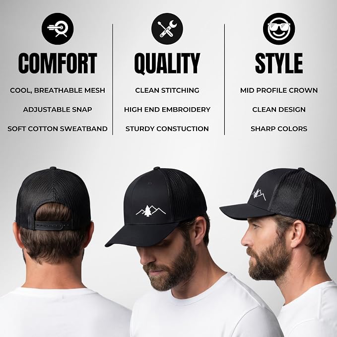 LINDO Trucker Hat [ Great Outdoors Design ] for Men and Women: Mid Profile Cap with Breathable Mesh Back and Adjustable Snap