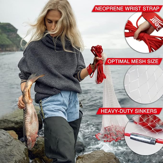 BasicGear Cast Net | 3ft-12ft Radius, 3/8 or 1/4 inch Mesh for Freshwater and Saltwater Bait Fish| Professional Grade and Upgraded Material | Throw Style