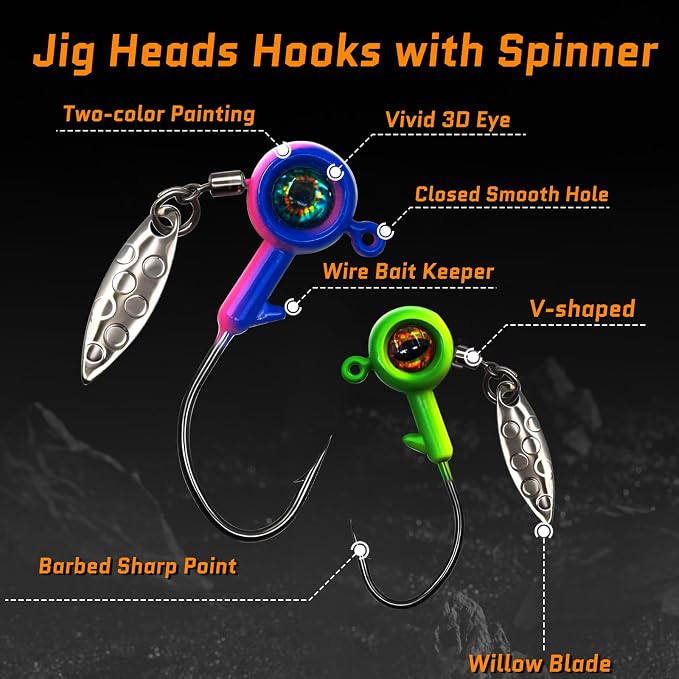 FishTrip Jig Heads Hooks with Spinner - Underspin Crappie Fishing Jighead with Willow Blade for Saltwater Freshwater 1/32oz,1/16oz,1/8oz,3/16oz,1/4oz