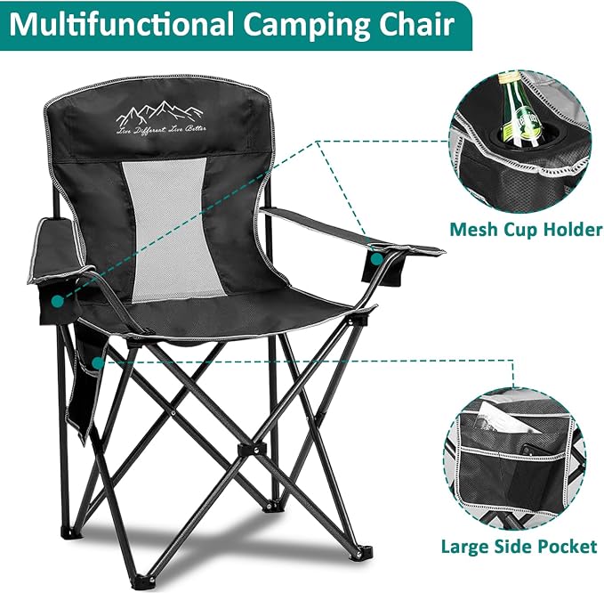 Outdoor Folding Camping Chair with Cup Holder, Storage Bag, Large Anti-Sink Feet, 400lbs Capacity, 2 Pack Breathable Mesh Portable Chair for Camping, Beach, Fishing, Sports, Black 2Pack