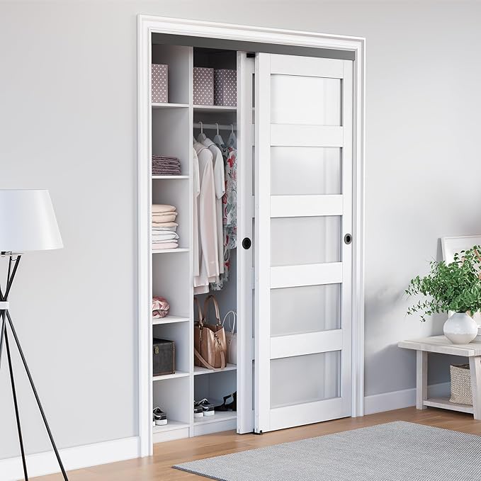 5FT Bypass Door Hardware, Closet Door Track Kit, Top-Mounted Style, Made of Heavy Duty Aluminum, Smoothly and Quietly, for 2 Doors System - Fit Min Door Panel Width of 30.5in, Black