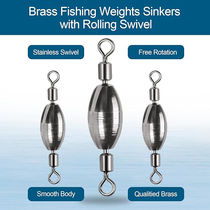 34Pcs Fishing Weights Swivel Brass Sinkers Fishing Weight, Bullet Sinker Weight Kit Tackle, Rolling Swivel Saltwater Freshwater Drop Shot Weights