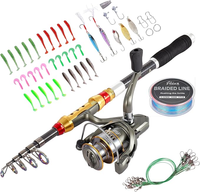 CastX Professional Telescopic Fishing Rod and Reel Combo, Carbon Fiber with EVA Grip, Spinning Reel, Carrying Case, Saltwater Freshwater Fishing Kit with Tackle