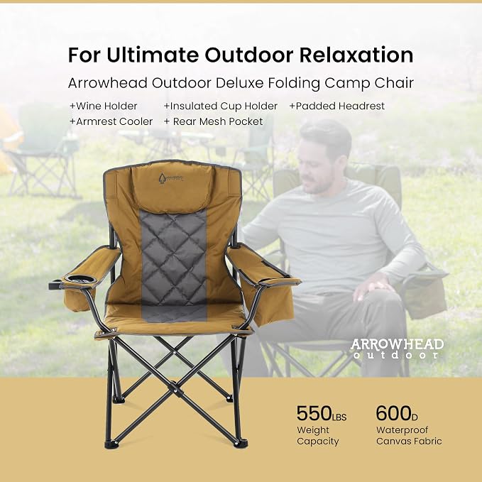ARROWHEAD OUTDOOR Portable Deluxe Folding Camp Quad Chair w/Headrest, Glass & Cup Holders, Armest 6-can Cooler, Heavy Duty Carry Bag, 550 lbs Weight Capacity
