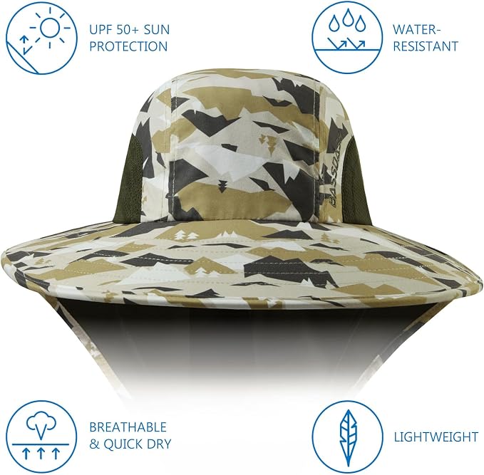 BASSDASH UPF 50+ Unisex Water Resistant Wide Brim Sun Hat with Large Neck Flap Ponytail Fishing Hat for Men Women