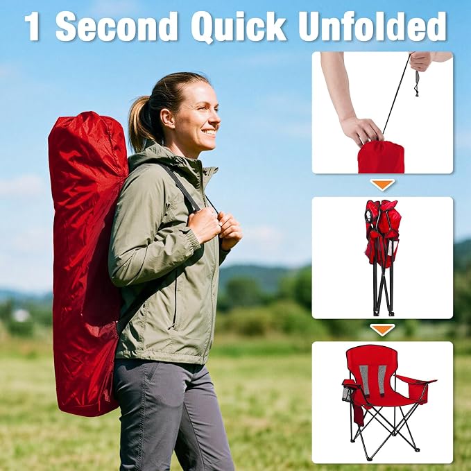 Camping Chairs for Adults 2 Pack, Folding Chair with 4-Can Cooler Bag & Cup Holder, Portable Heavy Duty Outdoor Chair for Camping, Beach, Lawn, Fishing, Red