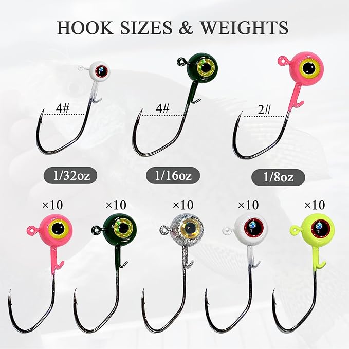 Crappie Jig Heads Kit, 45/50-Pack, 1/32oz, 1/16oz, 1/8oz, 5 Colors Fishing Jigs for Bass, Walleye, Panfish Freshwater Fishing