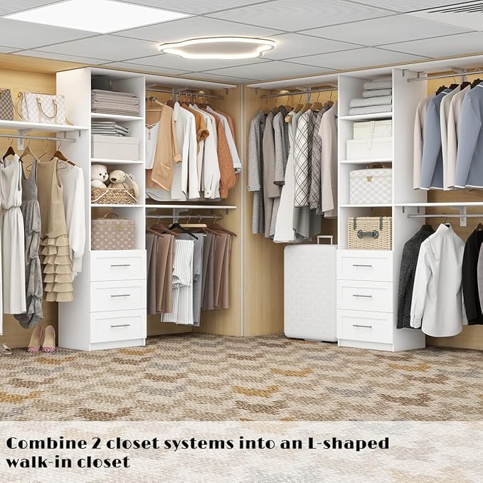 Closet Organizer System with Drawers, 8FT Corner Closet Shelving System 96" Walk in Wood Closet Storage System with 3 Shelves Custom Hanging Rods Heavy Duty Wall Mount