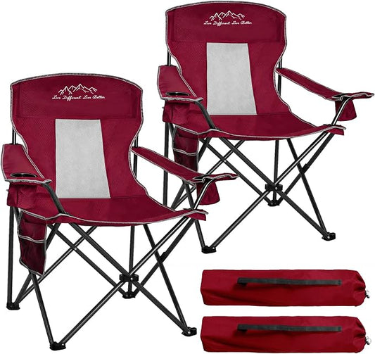 Camping Chairs for Adults Heavy Duty 400lbs Capacity, 2 Pack Folding Chair with Large Anti-Sink Feet & Cup Holder, Extra Wide Portable Outdoor Chair for Camping, Beach, Lawn, Fishing, Red