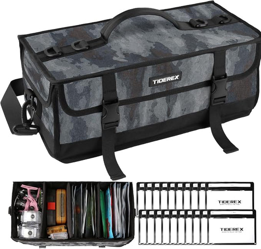 Large Fishing Tackle Bag for Soft Plastic Baits Storage, 20PCS Soft Bait Clear Storage Bag, Fishing Gear Organizer for Weights, Reels & Hooks, 900D Waterproof Oxford Fabric