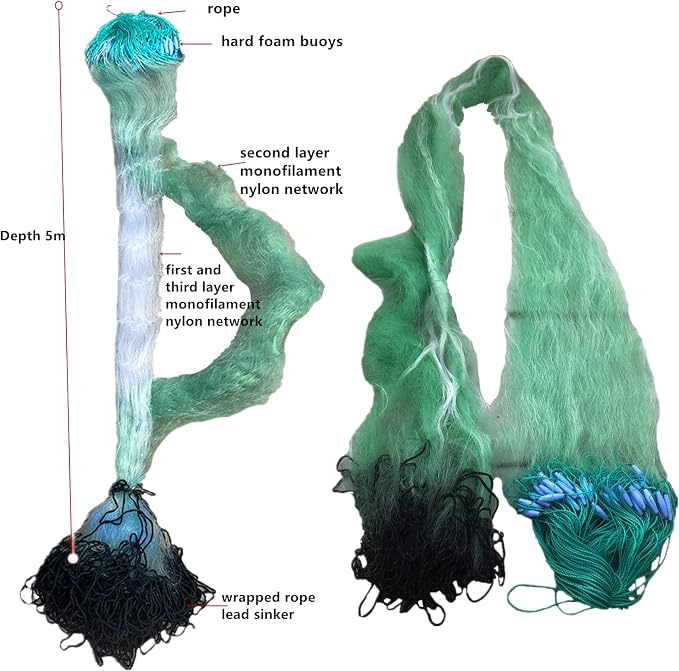 Depth 16ft Anti-Winding 3 Layers Fishing Net Wrapped Rope Lead Sinker Length 262ft Gill Net for Fishing Survival