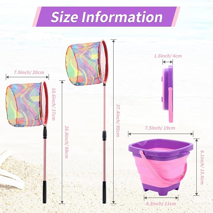 Kids Fishing Net, 2 Pack Telescopic Landing Nets with Aluminum Pole Handle, Collapsible Bucket Sand Pail, Butterfly Net, Fishing Net for Youth, Outdoor Playing
