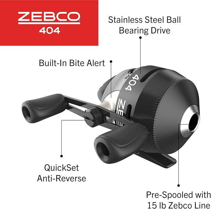Zebco 404 Spincast Fishing Reel,Built-in Bite Alert, Durable All-Metal Gears, Stainless Steel Pick-up Pin, Pre-Spooled with 15-Pound Zebco Fishing Line