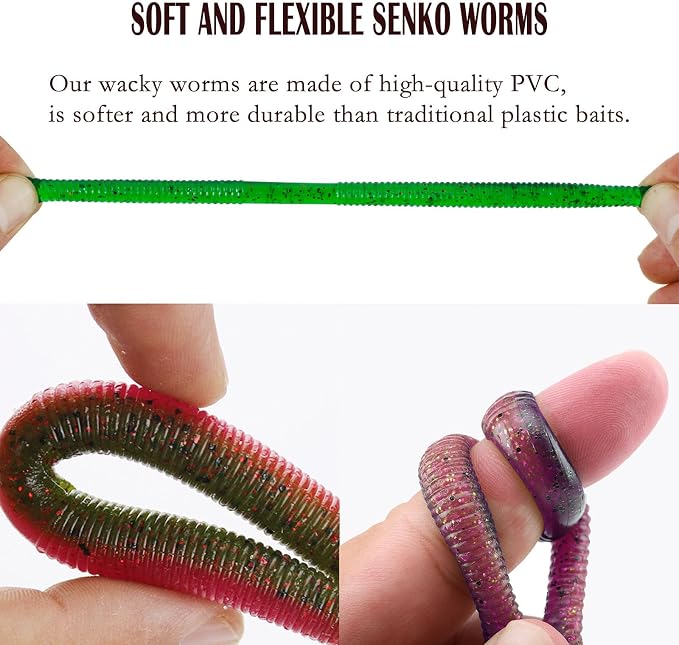 Senko Bait Soft Plastic Lures 20pcs - 4inch Wacky Rig Worms for Bass Fishing, 5-Color Mix Soft Stick Baits for Wacky & Carolina Rig Fishing