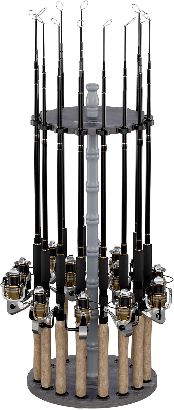 Rush Creek Creations 16-Rod Round Fishing Rod Holder for Garage, 360° Access Fishing Pole Holder for Fishing Rods, Reels, and Gear, Securely Holds 16 Rods, Barnwood