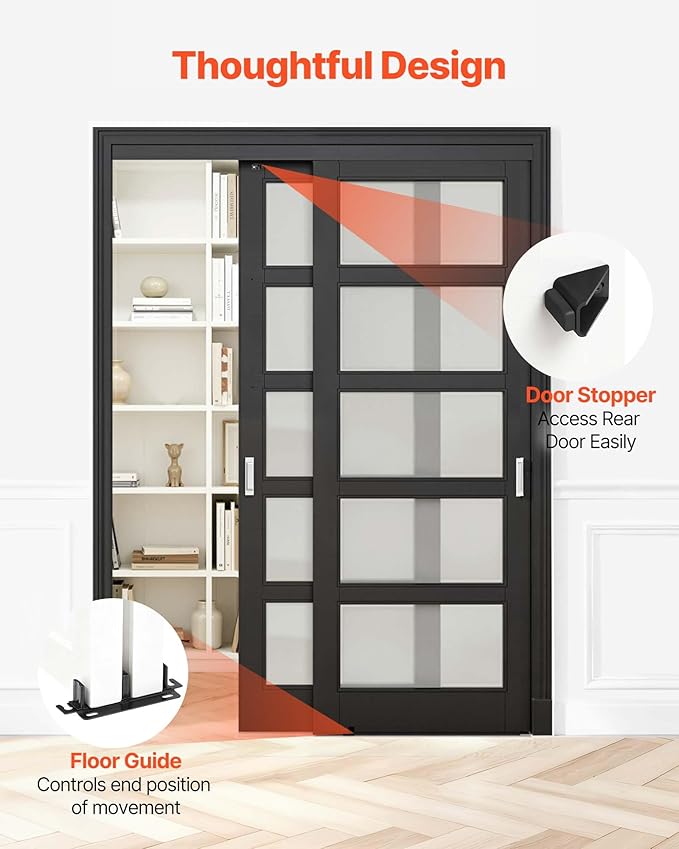 VEVOR Bypass Sliding Door Hardware Kit, 5 ft Aluminum Alloy Dual-Track Bypass Door Hardware, Smooth and Quiet Sliding, Easy to Install, for 1" to 1 3/4" Thickness 30" Width 2 Door System, for Closet