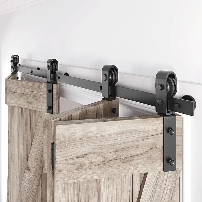 70" Bifold Sliding Barn Door Hardware Track Kit,Side Mounted Black J Shape Roller,Smoothly and Quietly,Assembly Easy,Fit Four 16.5" Bi-Folding Doors (Door Not Included)