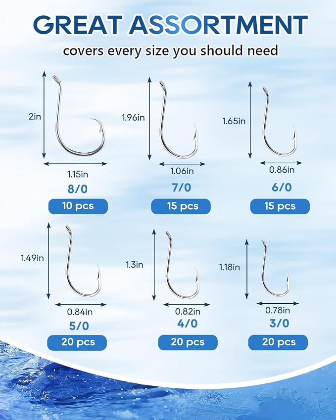 UCEC Circle Hooks Fishing Hooks 2X Strong Offset Circle Hooks Saltwater Black High Carbon Steel Octopus Catfish Fishing Hooks Fishing Gear Tackle 150pcs/ 240pcs - Size:#1 1/0 2/0 3/0 4/0 5/0 6/0 8/0