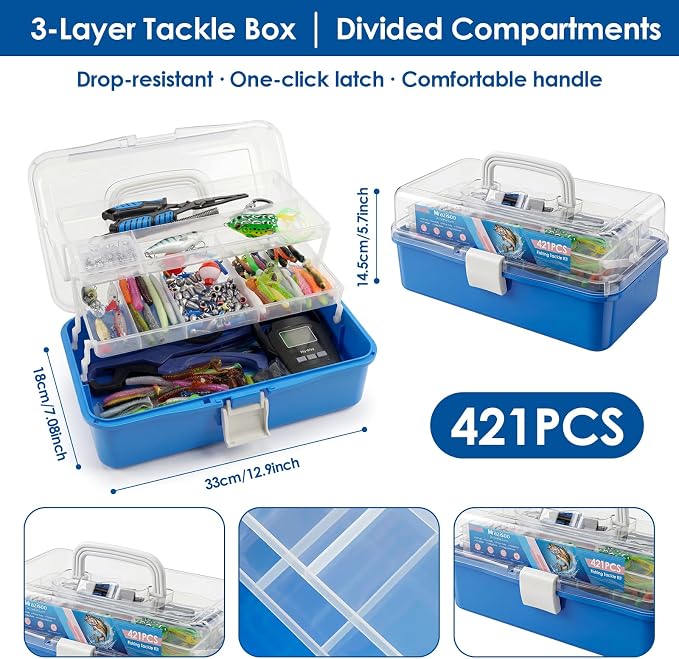 Fishing Lures Kit, 421PCS Tackle Box with Tackle Included, Fishing Pliers, Hooks, Soft Baits, Weights & Accessories - Complete Freshwater Bass Fishing Gear Kit for Men with Gift(Blue)