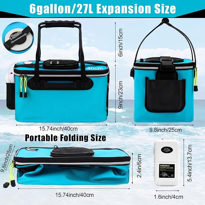 2 Pcs Fishing Bucket and Live Bait Aerator, Foldable Multi Functional Live Bucket Portable Quiet Aerator Outdoor Camping Fishing EVA Bag