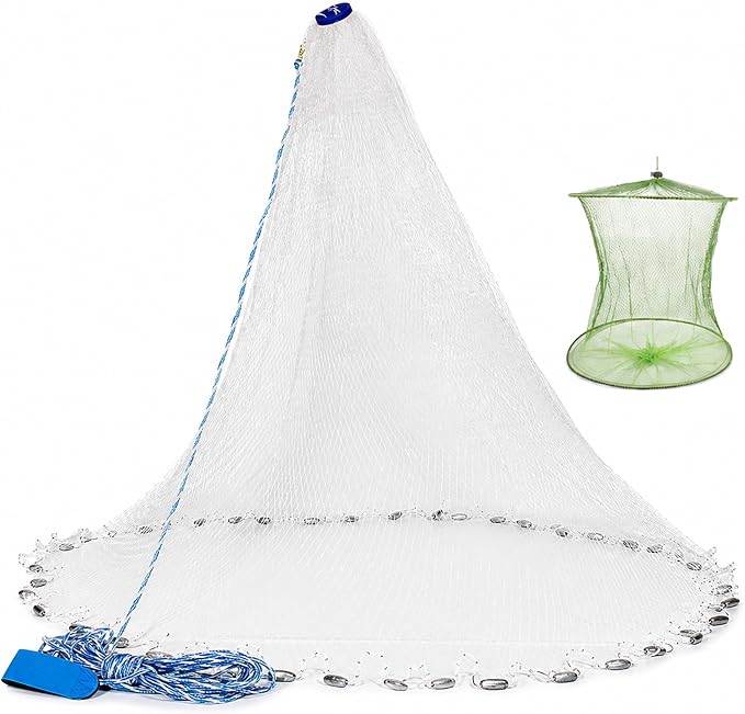 Yeahmart American Saltwater Fishing Cast Net for Bait Trap Fish 3ft/4ft/5ft/6ft/7ft/8ft/9ft/10ft Radius Casting Nets with Heavy Duty Real Zinc Sinker Weights, 3/8inch Mesh Size