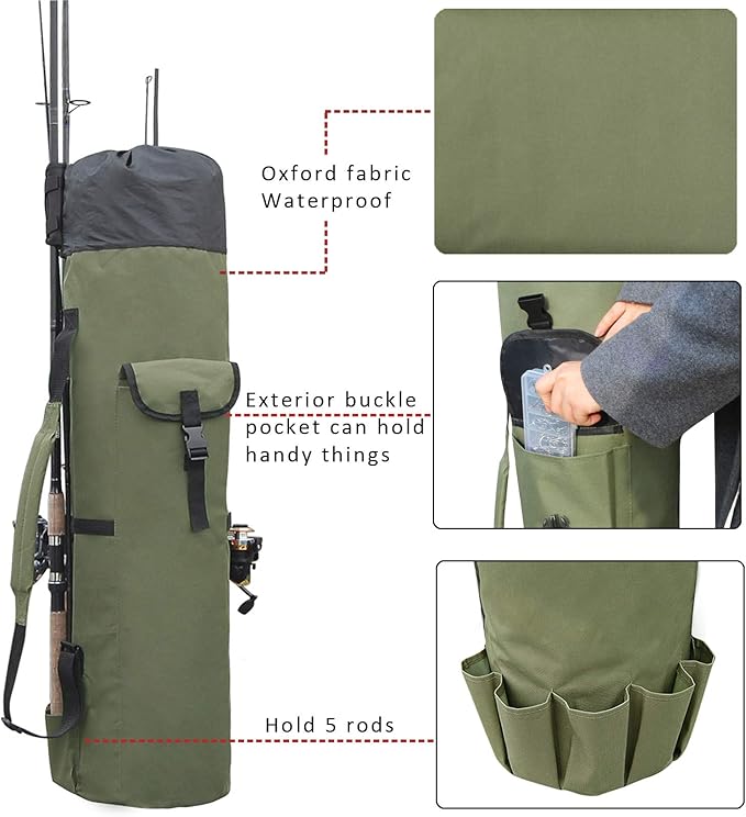 Fishing Pole Bag with Rod Holder Canvas Carrier Bag Fishing Rod Reel Organizer Bag Foldable Fishing Tackle Storage Bag Travel Case Fishing Gifts for Men