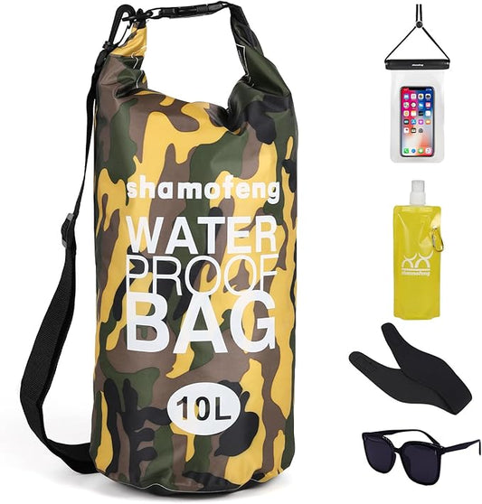 Waterproof Dry Bag 5L/10L/15L/20L/30L Roll Top Dry Storage Backpack with Phone Case, Collapsible Water Bottle, Sunglasses, Ear Band for Kayaking Boating Swimming Fishing Camping, Yellow 20L