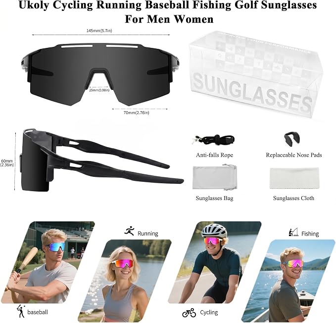 Ukoly Cycling Sunglasses for Men Women with 3 Interchangeable Lenses, Polarized Sports Sunglasses, Baseball Sunglasses