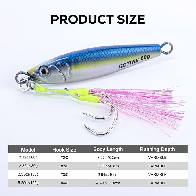 Goture Fishing Jigs Saltwater, 60g/80g/100g/150g Vertical Jigging Lures with Double Assist Hooks, Speed Fast Fall Jig Deep Sea Fishing Jigging Spoon Lures for Tuna,Salmon,Grouper Snapper, Kingfish