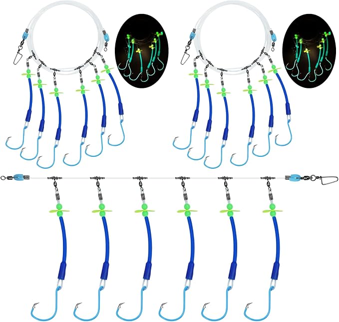 Pre-Rigged Deep Drop Saltwater Rigs – Glow Tubes, Hooks, Beads & Spinner Blade – 6/0 8/0 Circle Hooks for Snapper/Grouper/Tilefish (3/6 Hooks)