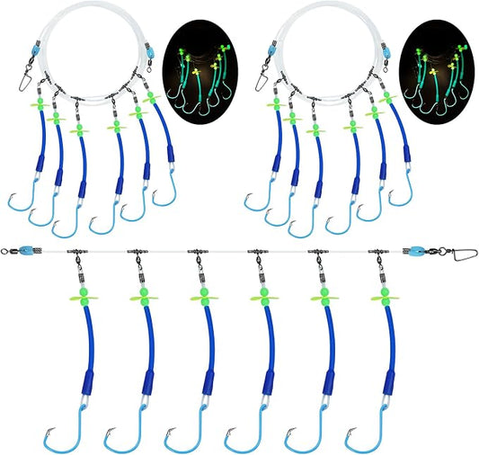 Pre-Rigged Deep Drop Saltwater Rigs – Glow Tubes, Hooks, Beads & Spinner Blade – 6/0 8/0 Circle Hooks for Snapper/Grouper/Tilefish (3/6 Hooks)