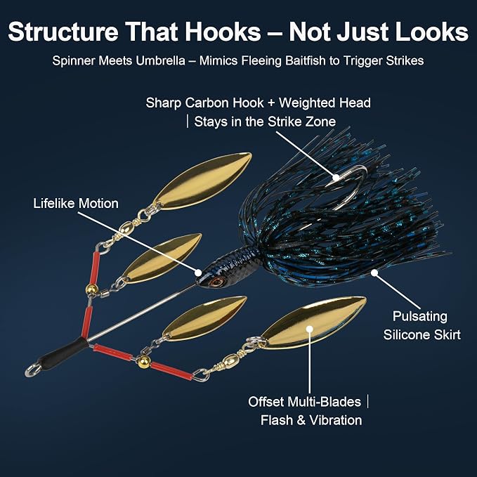 5 Pcs Bass Spinner Baits, Fishing Lures with Skirt, Metal Blade Spinnerbait for Trout, Salmon, Pike, and Predatory Fish