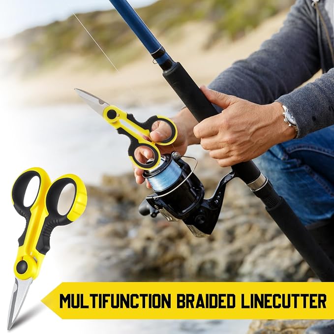 Honoson 2 Pcs 5.7" Fishing Scissors Braided Line Cutters Fishing Heavy Duty 3cr13 Non Slip Serrated Edge Scissors Saltwater Freshwater Braid Multi Function Snips for Trimming (Yellow Black)