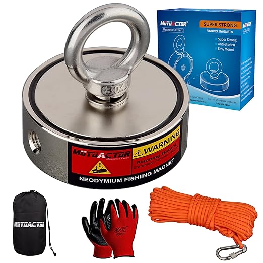 MUTUACTOR Fishing Magnet Kit Heavy Duty, Double Sided 1320lbs Rare Earth Magnets with 65Ft Salvage Rope, Super Strong 2.95”x0.98” Neodymium Magnet Fishing Kit for Retrieving Treasure in River