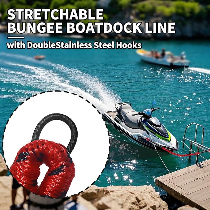 Bungee Boat Dock Line, Boat Rope with Double 316 Stainless Steel Clips Accessories for Bass Boat, Kayak, Pontoon, Watercraft, Waverunner, SeaDoo, Canoe,2Packs,4-6FT,Red&Black
