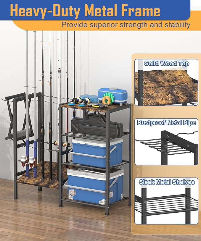 Fishing Rod Holders for Garage, Fishing Pole Holder Stand with Multifunctional Hook, 4 Tier Fishing Gear Equipment Organizers Rack, Fits Most Rods of 1.58" for Home Entryway Corner